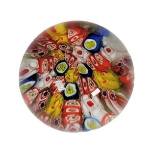 Vintage Round Confetti Art Glass Paperweight Millefiori Flowers Abstract 2.5”